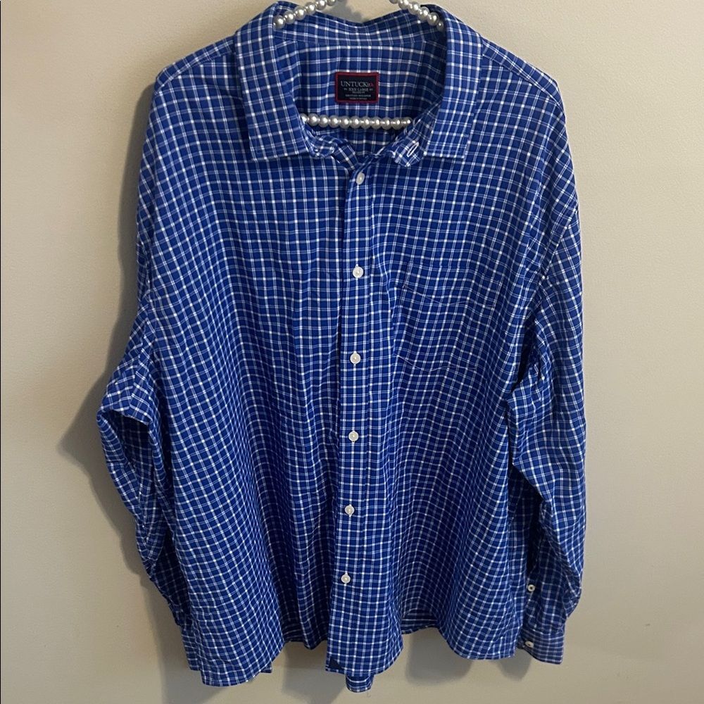 UNTUCKit Men's 3XL Relaxed Fit Blue Plaid Performance Shirt Nylon Blend
